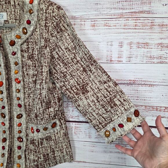Just B Linen Fringe Blazer L Bohemian Jewel Beaded Mesh Lace Snap Closure Jacket - Picture 6 of 11